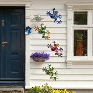 Colorful metal frog wall art hanging decor for outdoor garden, yard, and home wall decoration.