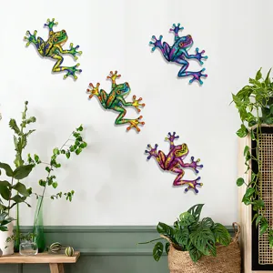 Colorful metal frog wall hanging set, artistic iron art for garden and home wall decor.