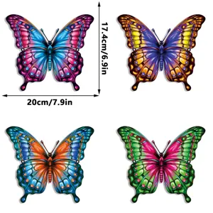 Colorful metal butterfly wall art set for garden and home decor with dimension details.