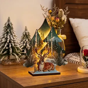 Decoración navideña de madera con árbol de Navidad luminoso y ciervo para adorno de mesa.