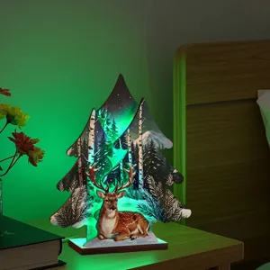 Adorno luminoso de madera ciervo árbol de navidad luz nocturna de mesa decoración navideña