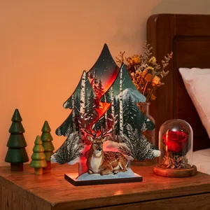 Árbol de Navidad de madera ciervo luminoso adorno de escritorio vacaciones festiva decoración LED