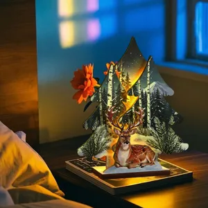 Árbol de navidad de madera luz nocturna LED adorno de mesa decorativo con ciervo bosque y nieve