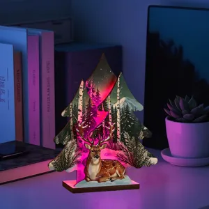 Navidad Madera LED Luz Ciervo Bosque Adorno Escritorio Vacaciones Árbol Decoración