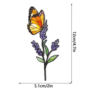 Vue détaillée piquet de jardin papillon lavande en métal, 12cm décoration pot de fleurs.