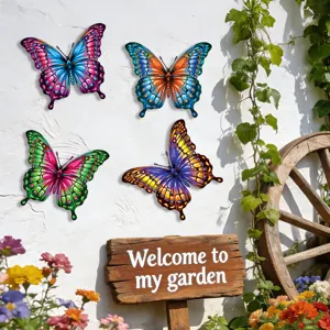 Detailed view of colorful metal butterfly wall art hanging in garden scene, iron decor.