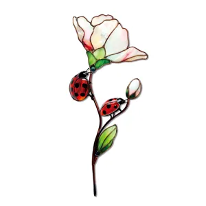 Fleur en verre teinté avec coccinelles piquet de jardin artisanat en métal détail