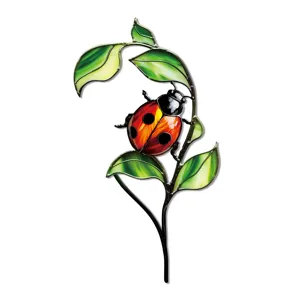 Piquet de jardin coccinelle en metal, decoration de pot de fleur style verre colore detail