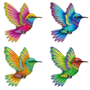 Colorful metal hummingbird wall decor set, vibrant garden hanging art sculptures home.