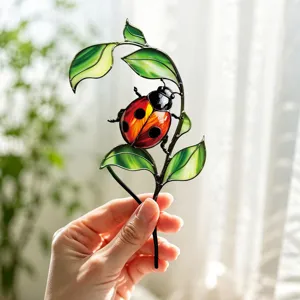 Piquet de jardin coccinelle en vitrail pour pot de fleur decoration artisanat metal.