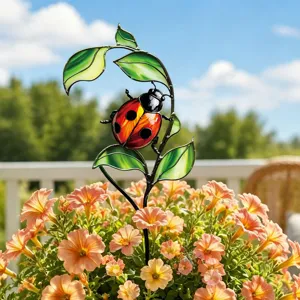 Gros plan détaillé du piquet de jardin coccinelle en vitrail, déco colorée en métal pour pot.