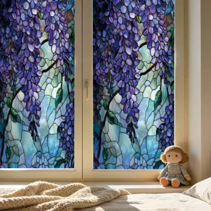 Statische raamfolie met paars blauweregen ontwerp, elegante huisdecoratie voor de woonkamer.
