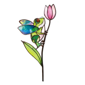Piquet de jardin grenouille en verre et métal coloré, décoration de pot de fleur élégante.