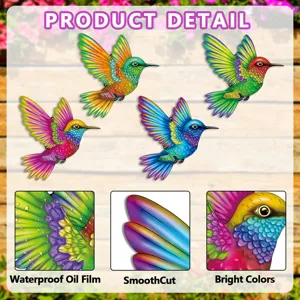 Metal hummingbird wall art detail showing waterproof oil film, smooth cut and bright colors.
