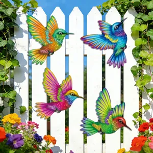 Colorful metal hummingbird wall art detail, vibrant garden fence decor hanging ornament.