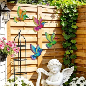 Colorful metal hummingbird wall art, outdoor garden fence hanging decor set of four.