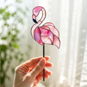 Piquet de plante flamant rose en verre teinté, décoration de pot de fleur en métal coloré.