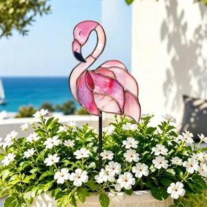 Piquet de jardin flamant rose en vitrail insert pot de fleurs decor de cour multicolore