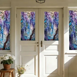 Glas-in-lood raamfolie met blauwe regen bloem patroon woondecoratie privacy statische heching