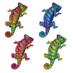 Colorful metal chameleon wall hanging art for garden and yard decor, vibrant iron ornament.