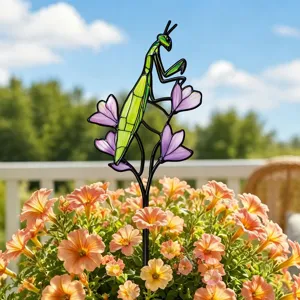 Vue détaillée du tuteur de jardin coloré en métal représentant une mante pour les pots de fleurs.