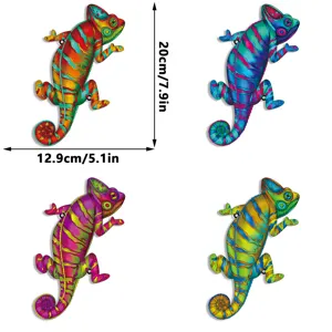 Colorful metal chameleon wall art hanging, iron craft garden and home decoration 4pcs.