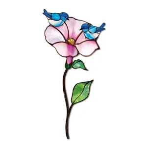 Vitrail style fleur rose et oiseaux bleus capteur de soleil décoration de plante.