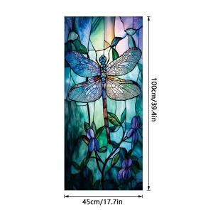 Gedetailleerd close-up van de glas-in-lood libellenraamfolie met prachtige blauwe tinten.