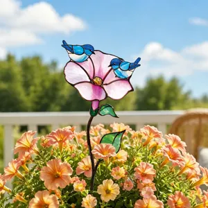 Détail rapproché d'une fleur en vitrail coloré et de deux oiseaux bleus piquet de jardin.