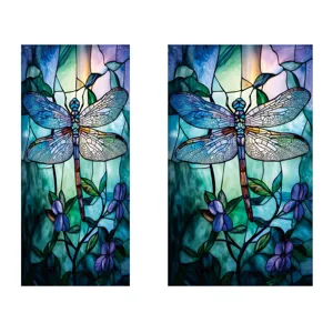 Glas-in-lood raamfolie met libelle en bloemen design, statische glassticker huisdecoratie.