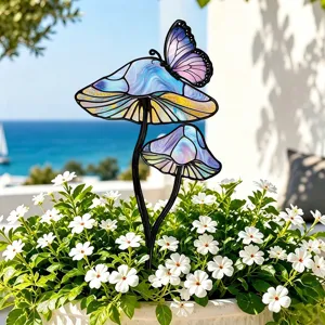 Piquet de jardin en metal champignon papillon decoration de pot de fleurs vue detaillee maison