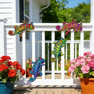 Outdoor metal chameleon wall art hanging decor for garden yard fence and porch display.