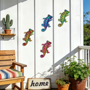 Colorful metal chameleon wall art for garden, vibrant iron hanging decor for outdoor fence.