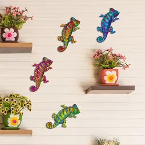 Vibrant metal chameleon wall art, colorful iron hanging decor for garden, patio, and home indoor room.