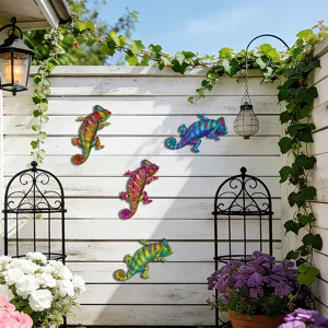 Colorful metal gecko wall art set, iron chameleon hanging decor for garden outdoor fence.