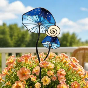 Beau piquet de jardin décoratif en métal pour pot avec champignons en verre bleu et joli escargot