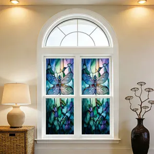 Raamfolie van gebrandschilderd glas met libellenpatroon, statische glassticker voor decoratie.