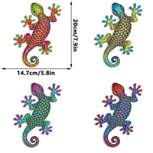 Metal gecko wall art set, colorful iron lizard hanging decor for garden and home.