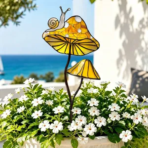 Piquet de jardin décoratif pour plantes en pot champignon et escargot en vitrail métallique.