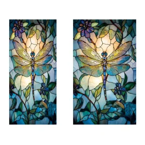 Raamfolie met glas-in-lood effect, libel en bloemmotief voor een elegante en sfeervolle inrichting.