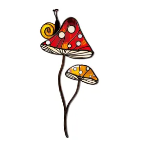 Piquet de jardin champignon et escargot style vitrail, tuteur plante en métal décoratif.