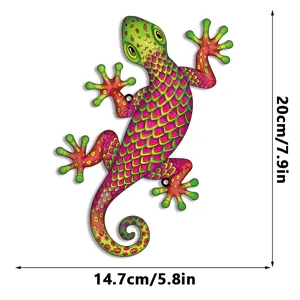 Colorful metal gecko wall art hanging for garden and yard decor, vibrant outdoor ornament.