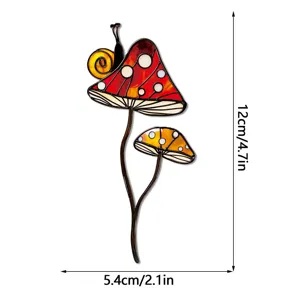 Détail de piquet de jardin champignon en verre vitrail insert de plante en métal hauteur 12cm.