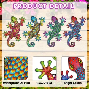 Metal gecko wall art detail showing waterproof oil film, smooth cut edges, and bright colors.