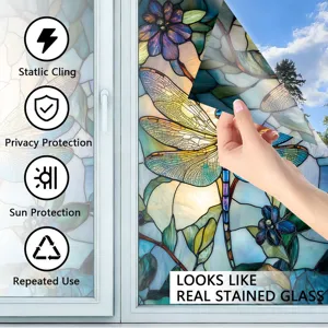Glas-in-lood raamfolie libel bloem statische kleef privacy bescherming thuis decor detail opname