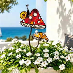 Piquet de jardin champignon escargot en métal coloré, déco de pot de fleurs extérieur.