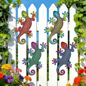 Colorful metal gecko wall art for garden decoration, vibrant outdoor iron lizard hanging decor.