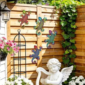 Metal gecko wall art set, colorful iron lizard hanging decor for outdoor garden.