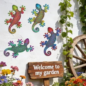 Metal gecko wall art set, colorful iron lizard hanging decor for garden, yard, and outdoor wall.