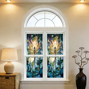 Glas-in-lood raamfolie libel statische kleefstof decoratieve glassticker detailweergave